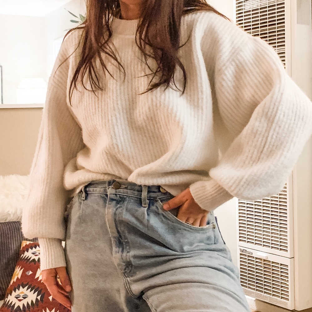 ASOS DESIGN WHITE BALLOON-SLEEVE SWEATER